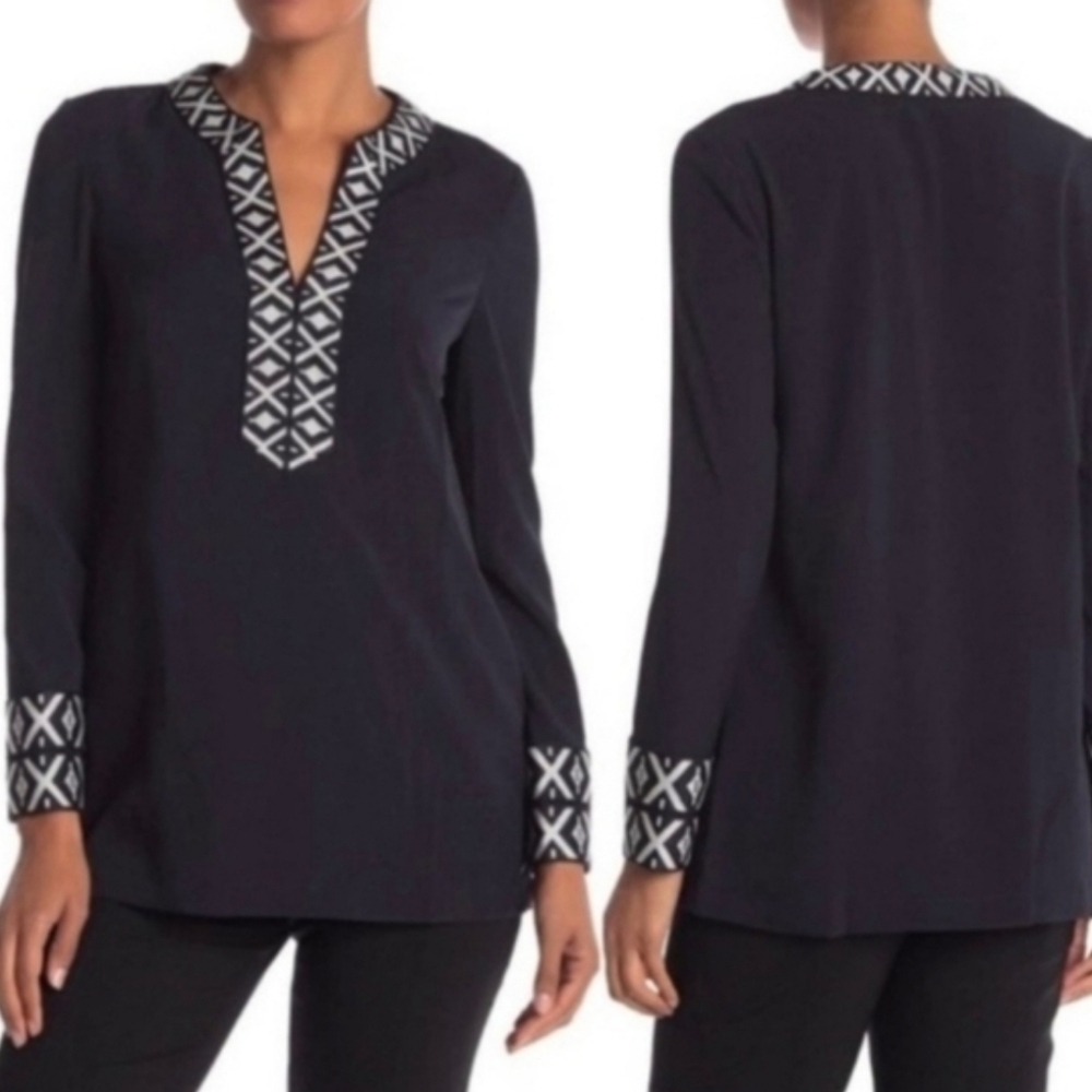 Tory Burch Embroidered Navy Tunic Top with Geometric Trim